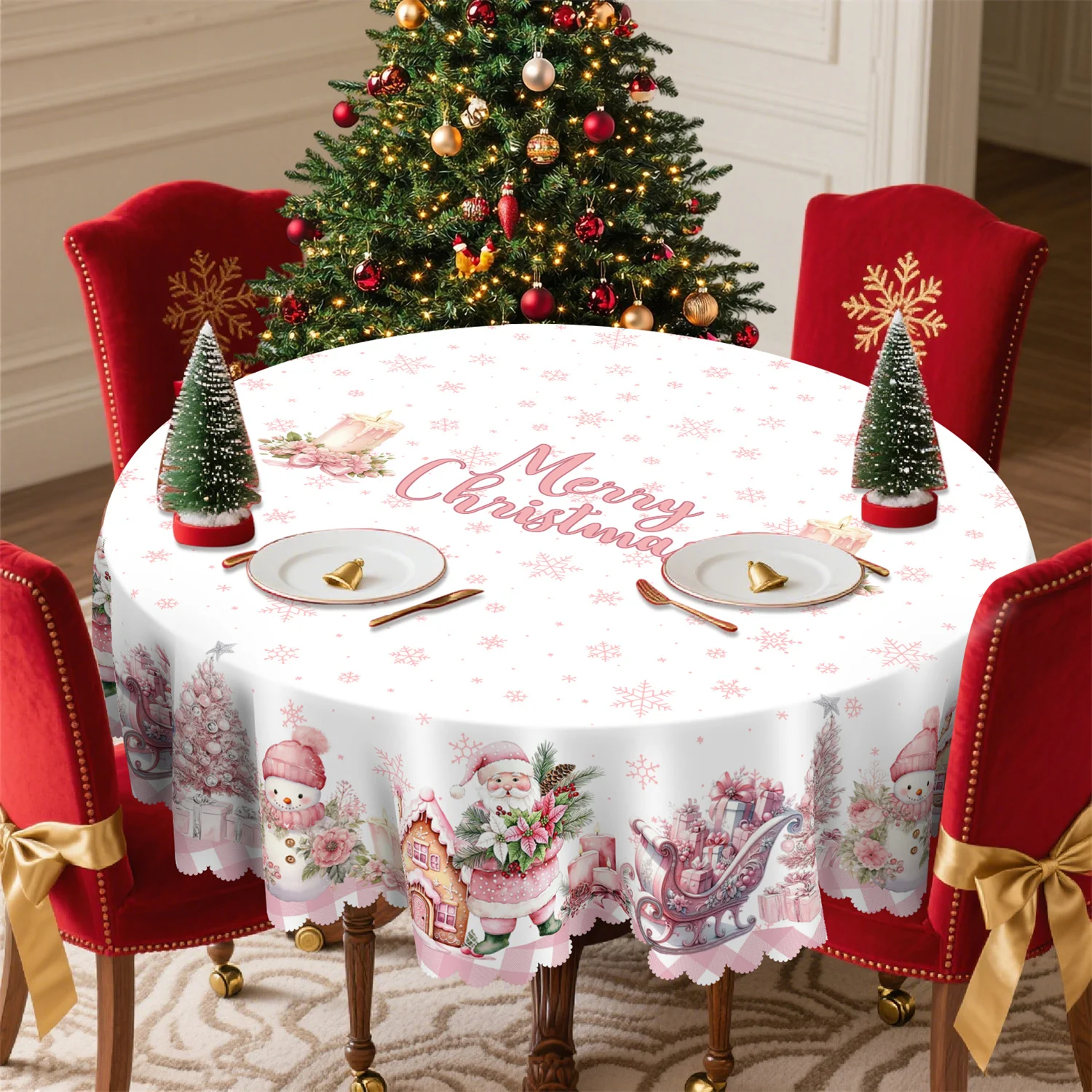 Poinsettia Holly Leaf Berry Pine Branch Pine Cones Santa Snowman Gift Candle Cabin Christmas Tablecloth 1 Pack