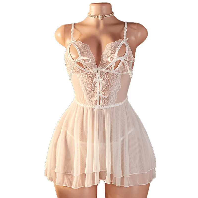 

Сексуальный комплект для сна: женское прозрачное белое кружевное белье с открытой грудью, бантом, ультракороткое, на бретельках, с открытой спиной, экзотическое, соблазнительное.