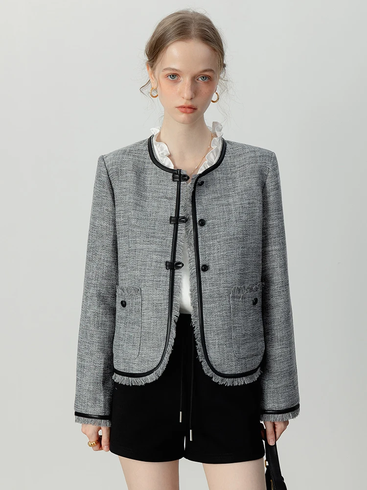 Eggka 2024 outono novo solto commuter personali longo sve redondo ne retalhos agasalhos de couro pequena fragrância sl...