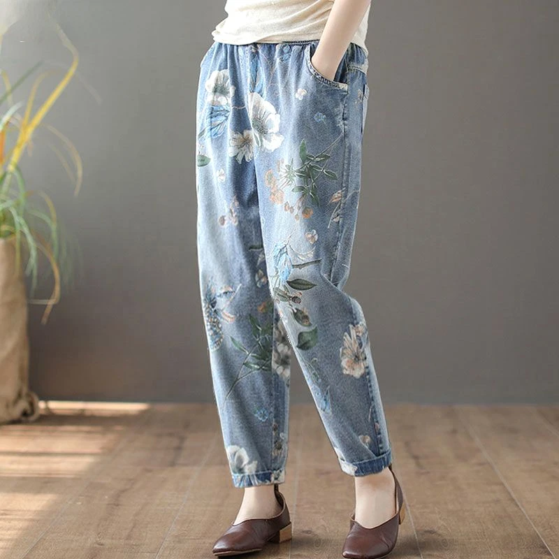 

New Spring and Autumn Western Style Retro Art High Waist Pocket Print Casual Loose Oversize Straight Leg Jeans for Women J264