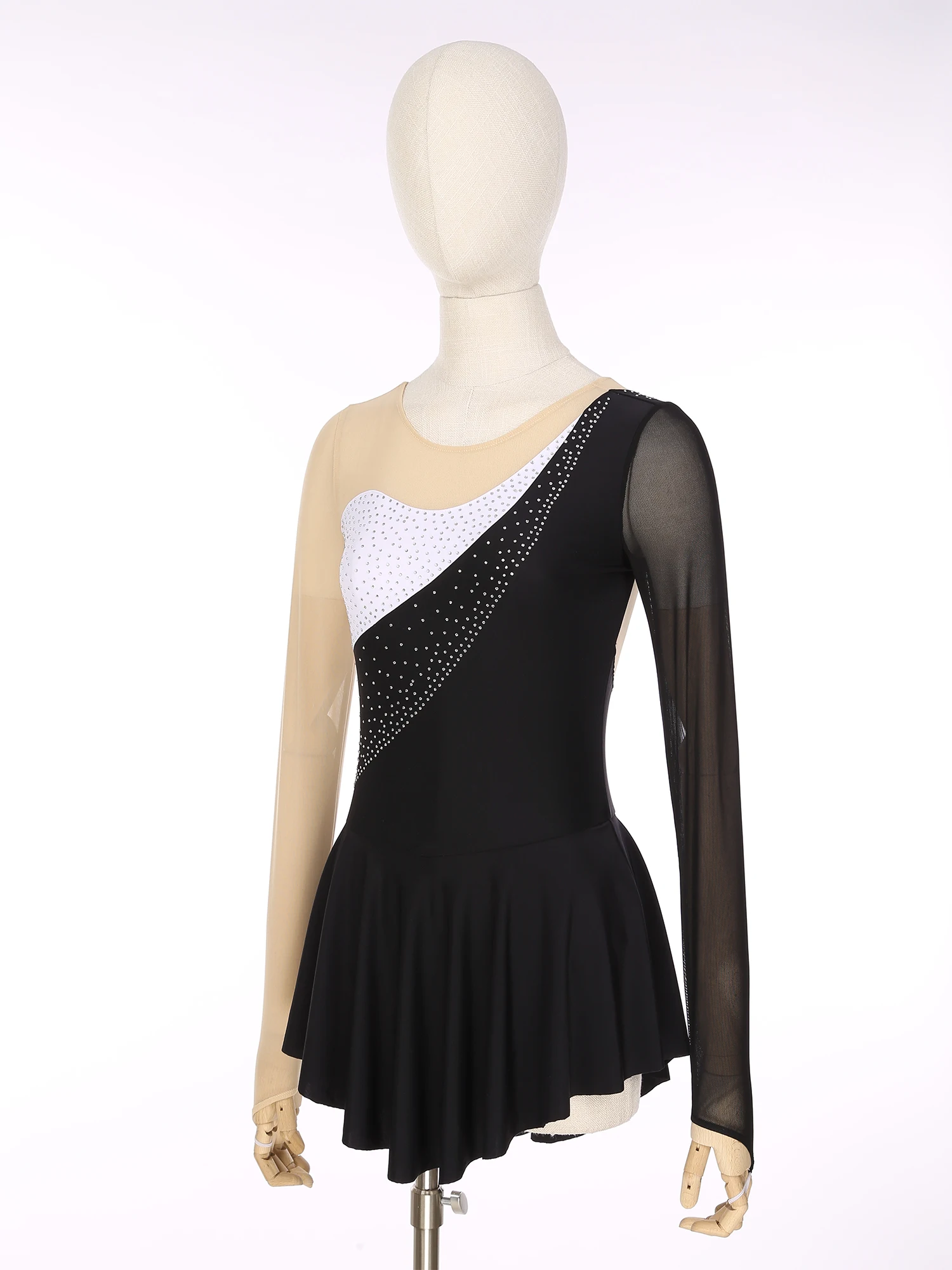 Women Rhinestone Mesh Long Sleeve Figure Skating Dress Gymnastics Leotards Ballroom Competition Dancewear Costume