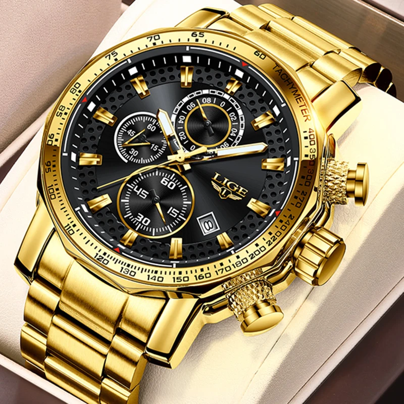 LIGE Watches Men For Men  Big Quartz Chronograph Wristwatches Luxury Stainless Steel Clock with Luminous Watch Relogio Masculino