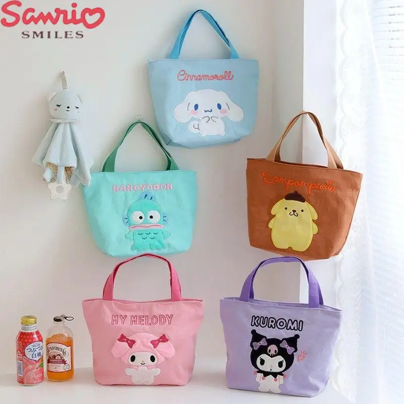 

Sanrio Kawaii New Canvas Bag Cinnamoroll Kuromi Cartoon Embroidered Handbag Large Capacity Bento Bag Fashion Mommy Bag