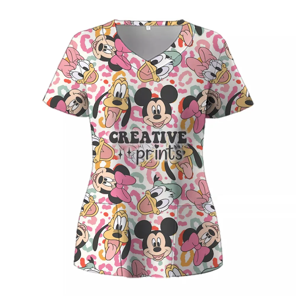 T Shirts Minnie Mouse T-shirts V Neck Woman Clothes Hospital Tops Disney Top Women 2024 Nurse Uniform T-shirt Pocket Summer Tees