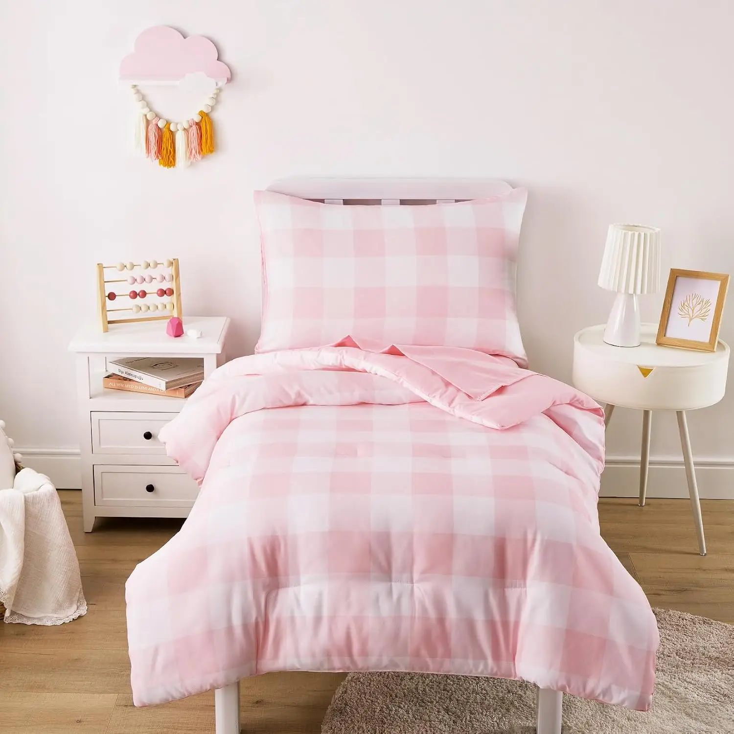 

Cute Gingham Toddler Bedding Set, 4-Piece Crib Set with Comforter, Sheets, Pillowcase in Pink Plaid