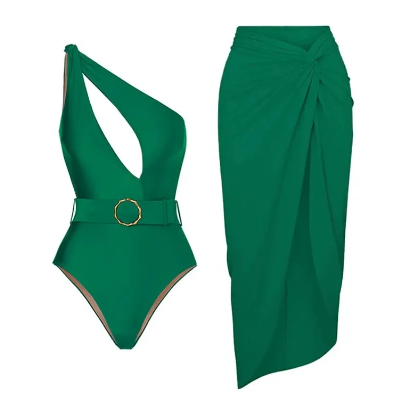 One Piece Swimsuit For Women Single Shoulder Hollow Solid Color High-end Sense One-piece Swimsuit Set Women's Foreign Trade