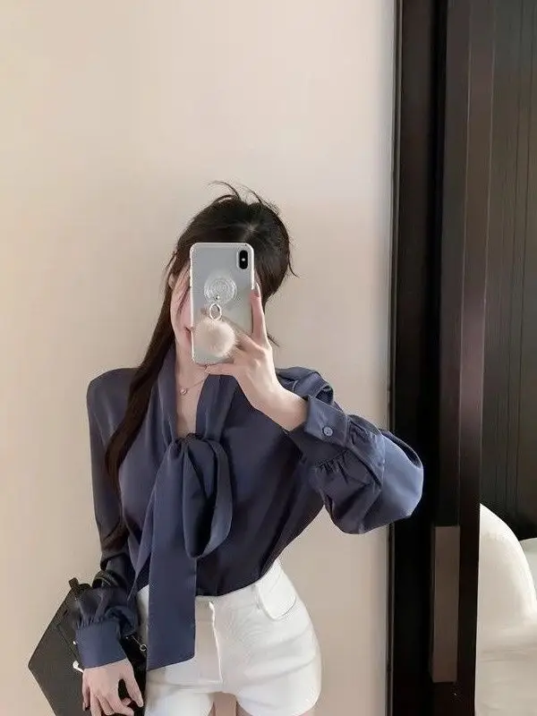 Ele Chiffon Long Sve da donna irt Primavera Autunno Design con nodo bianco Top delicato e vestibilità ampia