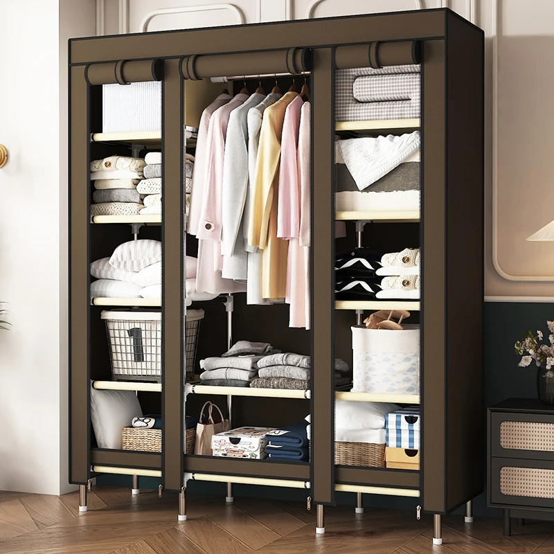 Portable wardrobe for hanging clothes, with 1 hanging pole and 10 compartments for storage, durable and easy to assemble