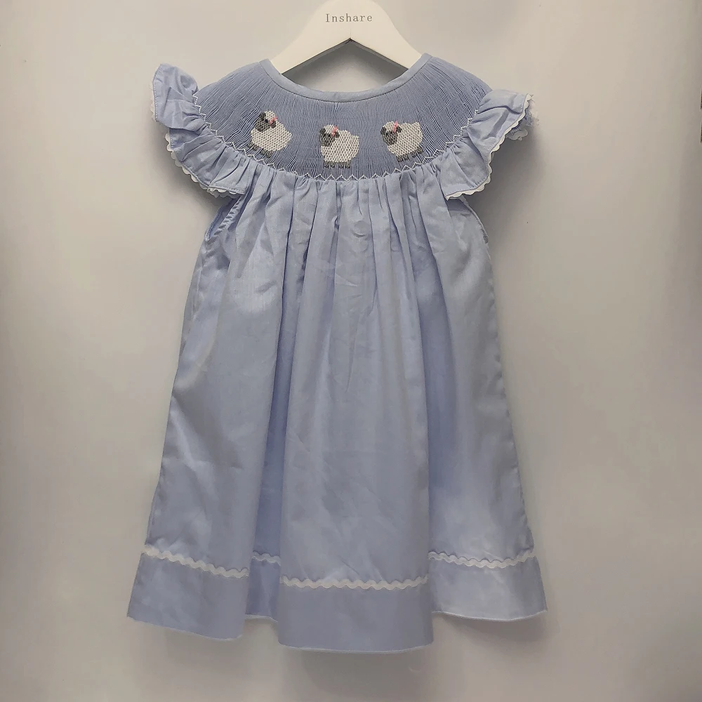 

Children Boutique Clothing Summer Girls Flying Sleeves Handmade Smoked Dress Blue Skirt Sheep Embroidered Cute Siblings Outfit