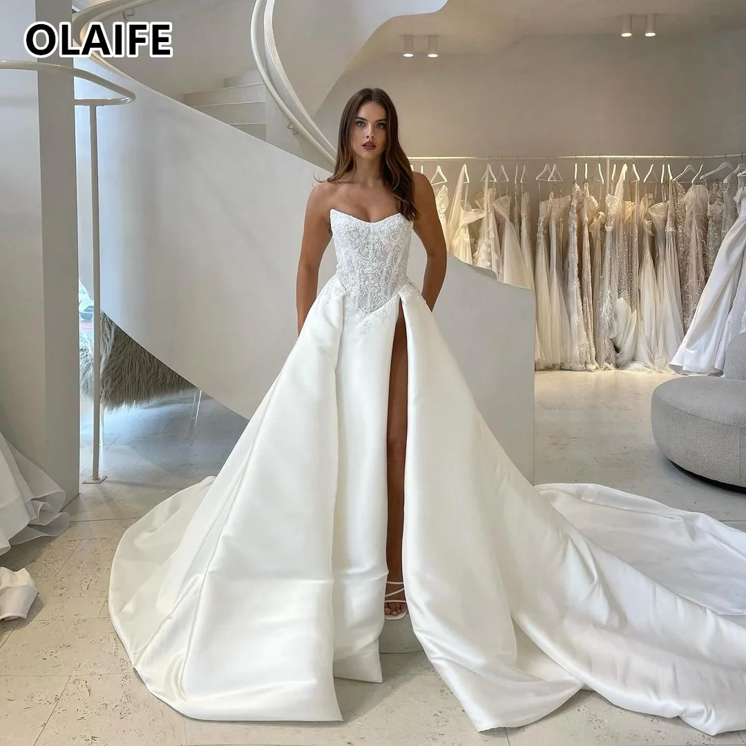 Alta qualidade cetim vestidos de casamento com fenda, Vestidos nupciais para casamento, Vestido elegante para mulheres, 2024