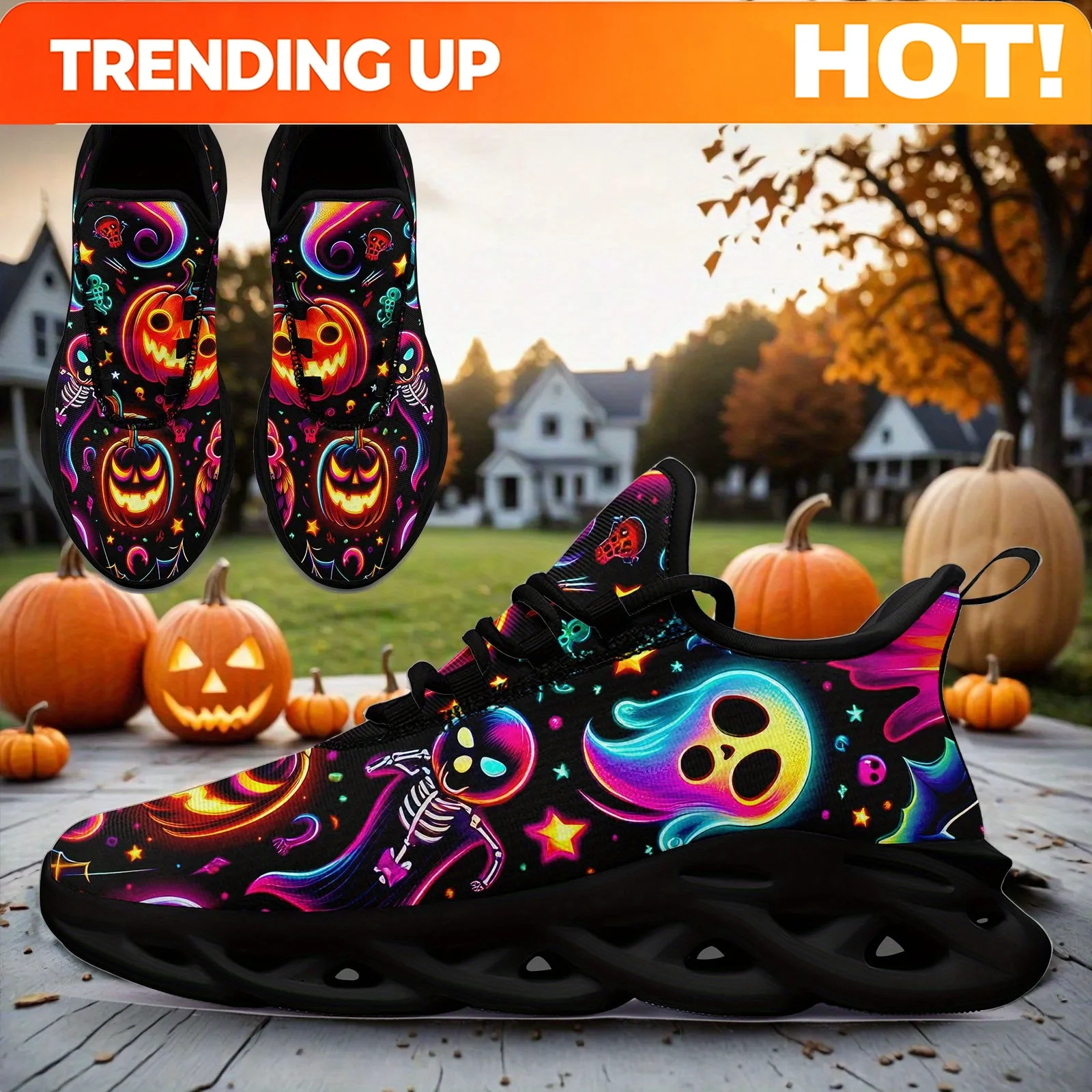 Custom Halloween Print Plus Size Sneakers For Men, Skeletal Ghost Pumpkin Graphic Soft Sole Shoes With Halloween Color Print, Li