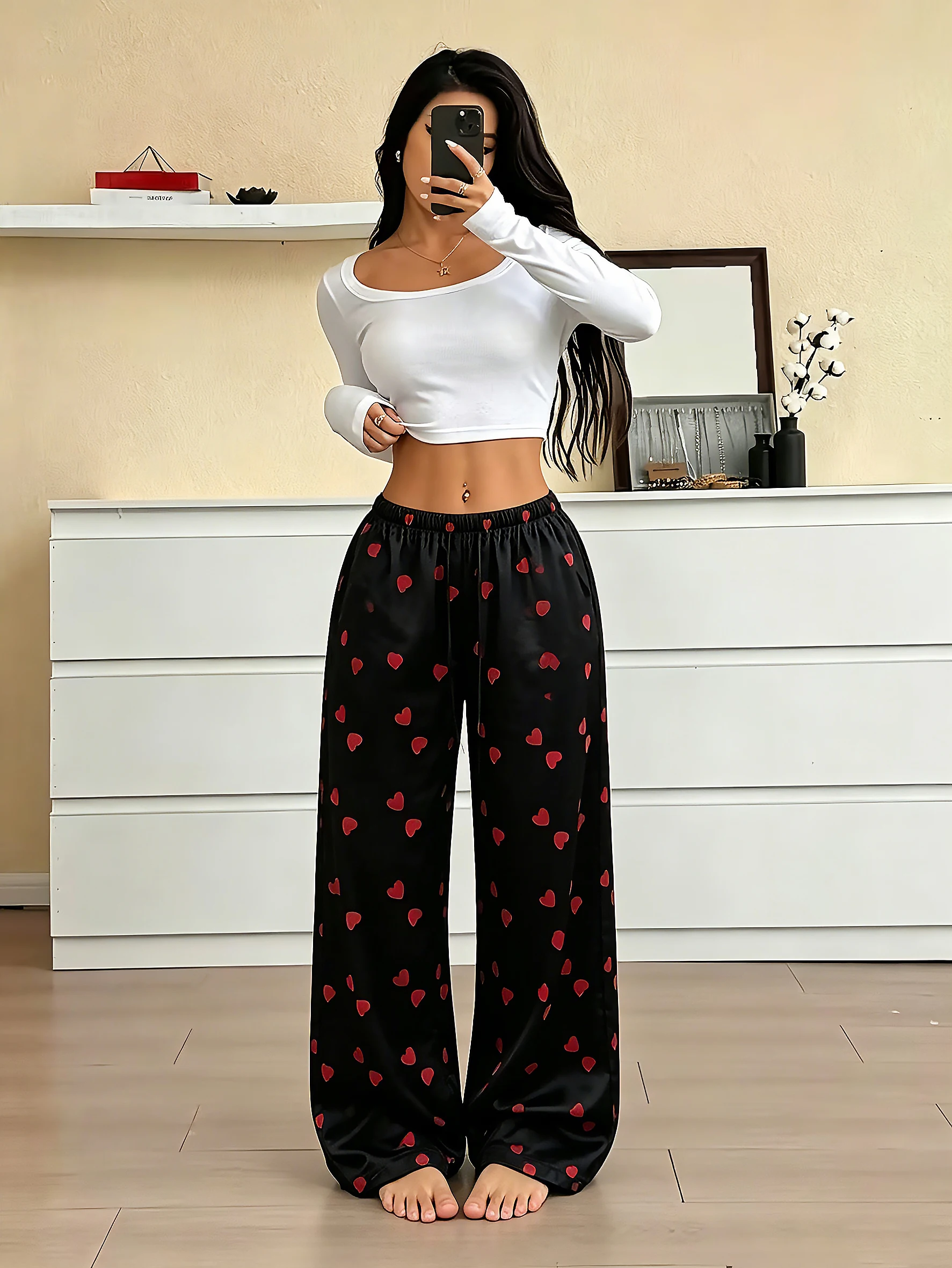 Sweet Heart Pattern Print Women Loose Long Trousers Summer Comfortable Lounge Pants Straight-leg Pants Streetwear Sports Pants