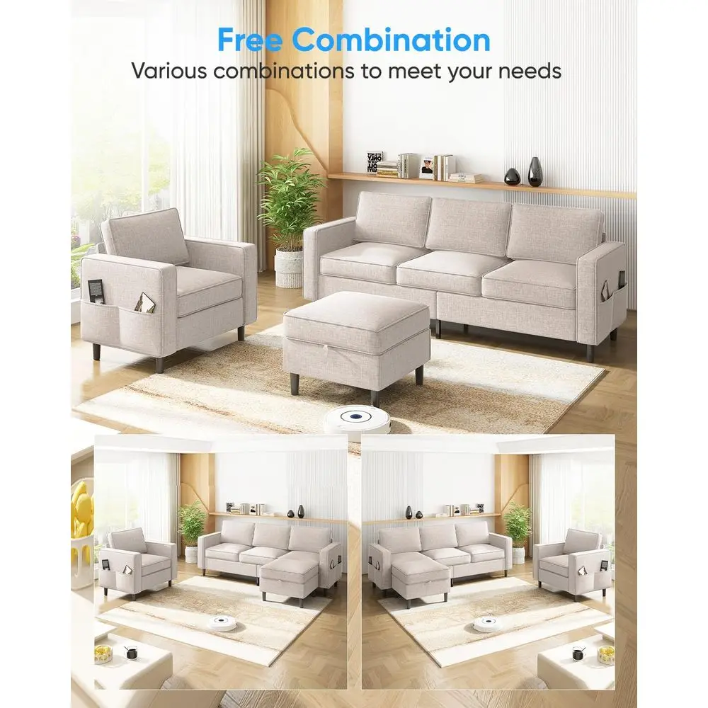 طقم أريكة غرفة المعيشة مكون من قطعتين، أريكة بثلاثة مقاعد مع مسند تخزين وكرسي بذراعين، أريكة مقطعية على شكل حرف L من قماش الكتان مع فردي