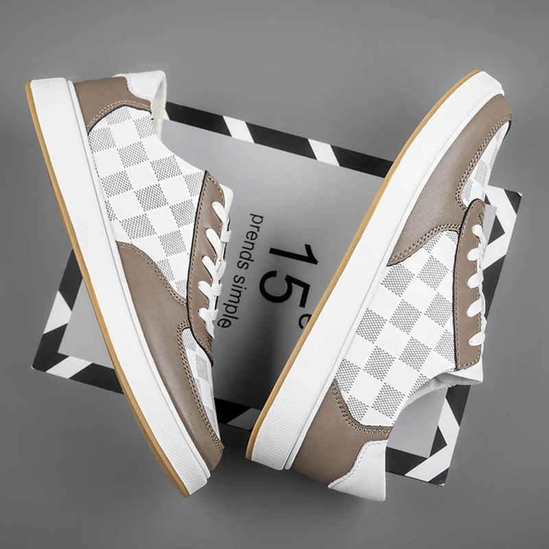 

Men's White Brown Checkered Casual Shoes Leather Patchwork Breathable Non-slip Platform Sneakers for Daily Wear