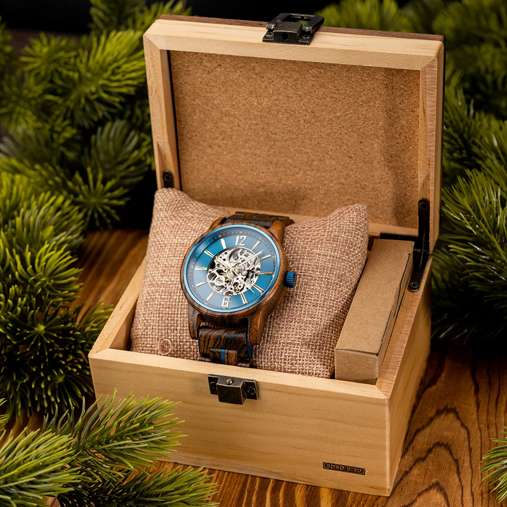 BOBO BIRD Wooden Automatic Mechanical Watch Men New Top Luxury Wristwatch Fashion Luminous Clock Great Gift Wood Box Custom Logo