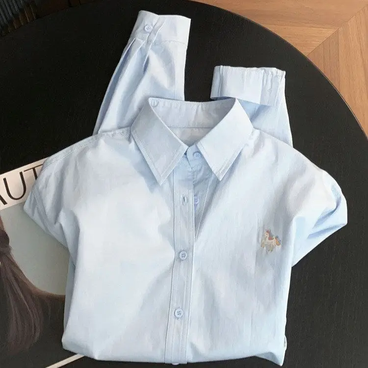 

Свободная хлопковая рубашка с вышивкой для женщин, повседневная, приталенная, для работы, весенняя, модная, в корейском стиле, с длинным рукавом, с животным принтом