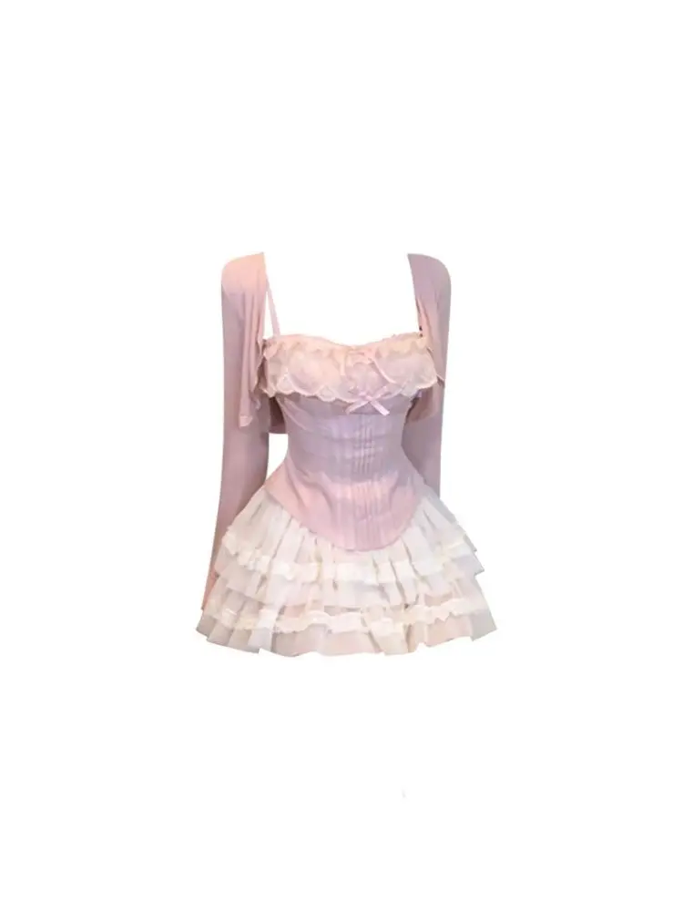 

plus Size Women's Lace Splice Crop Top And A-Line Skirt Spring Cardigan Tee-Piece Set Faionable Casual Wear