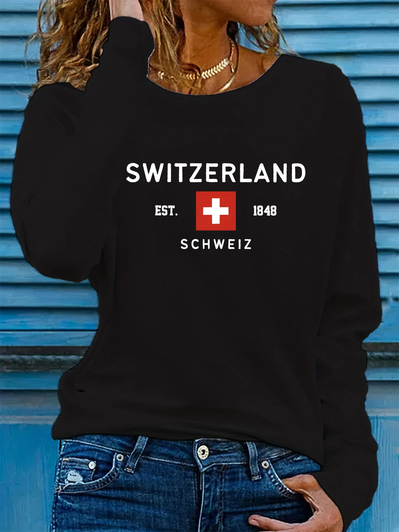 

Женская удобная повседневная футболка из 100% чистого хлопка с круглым вырезом и графическим принтом SWITZERLAND на весну и осень