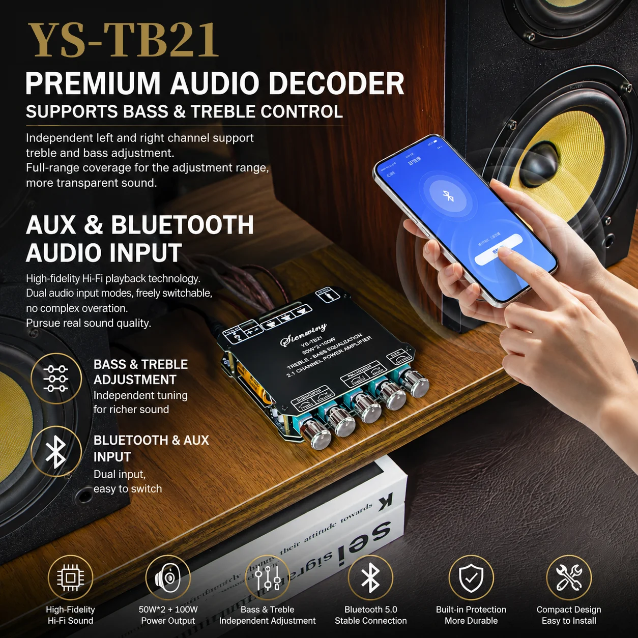 BT5.0 2.1CH Digital Amplifier Board 100W*2+100W Subwoofer Stereo Amp Treble Bass Control AUX 12/24V DIY Home Speaker Module
