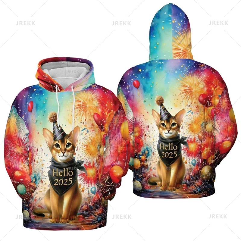 HAPPY NEW YEAR 2025 3D Printing Hoodies Firework Hello 2025 Graphic Hooded Sweatshirts Unisex Fashion Pullovers Hooded Hoody Top