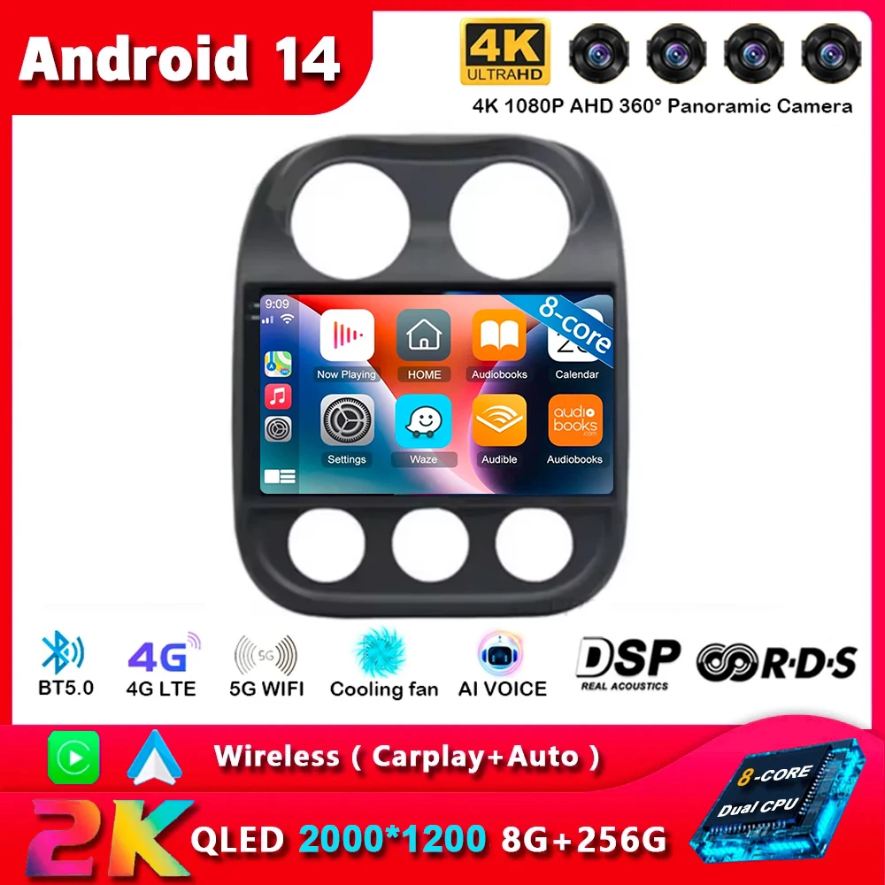 Android 14 Carplay For Jeep Compass Patriot 2010 2011 2012 2013 2014 2015 2016 Car Radio Multimedia Player Stereo Head Unit 2din