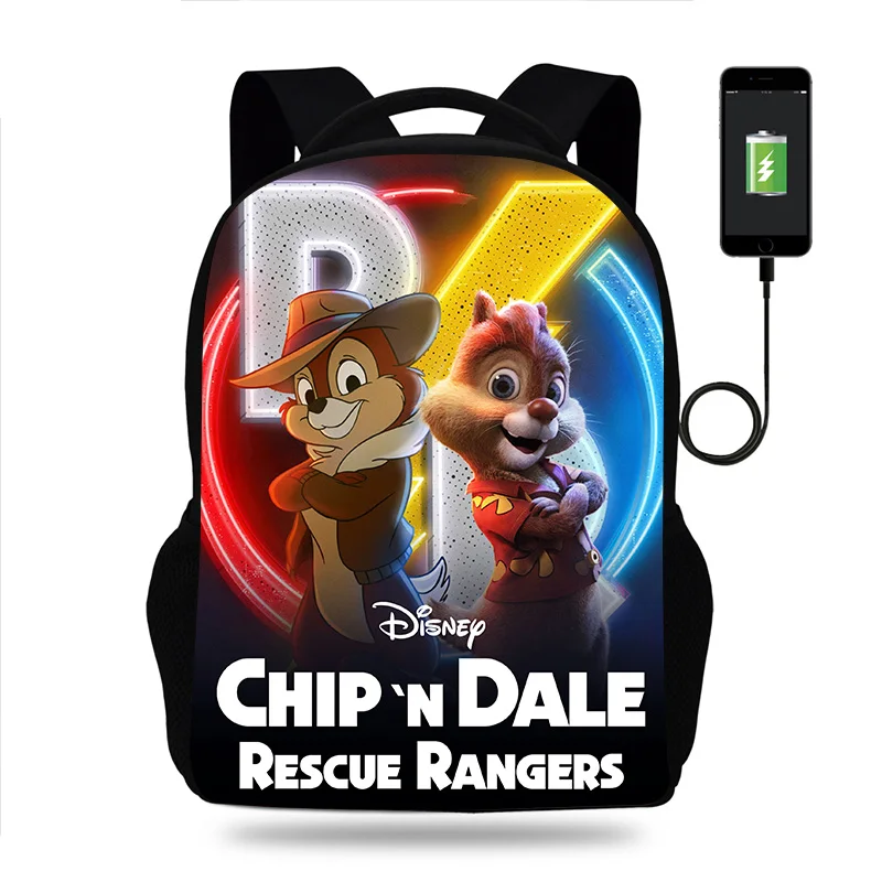 Fashion Disney Chip n Dale Backpack Boy Girl School Bag Teenager USB Charging Daily Travel Backpack Student Schoolbags Mochila