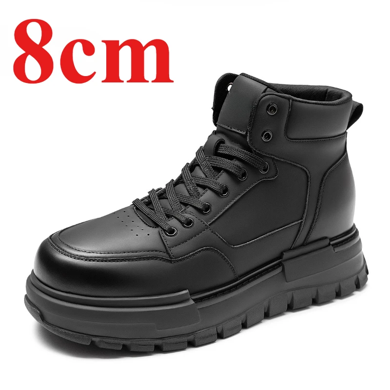 

Thick Soled Height Increasing Shoes for Men's 8cm Elevator Casual Shoes Genuine Leather Short Plush Velvet Warm High Top Shoes