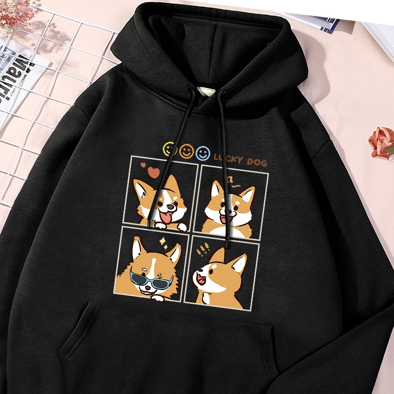 Lucky Dogs Corgi Printed Male Hooded Vintage Loose Sport Shirts Fashion Simple Versatile Sweatshirts Classic Daily Comfy Tops