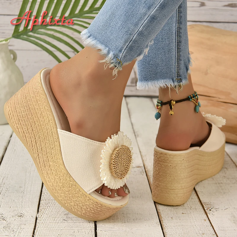 Aphixta Beige Summer 9cm Wedge Heels Slippers Women Bohemian Sunflower Mulers 4cm Platform Sandals Clog Shoe Slides Plus Size 43