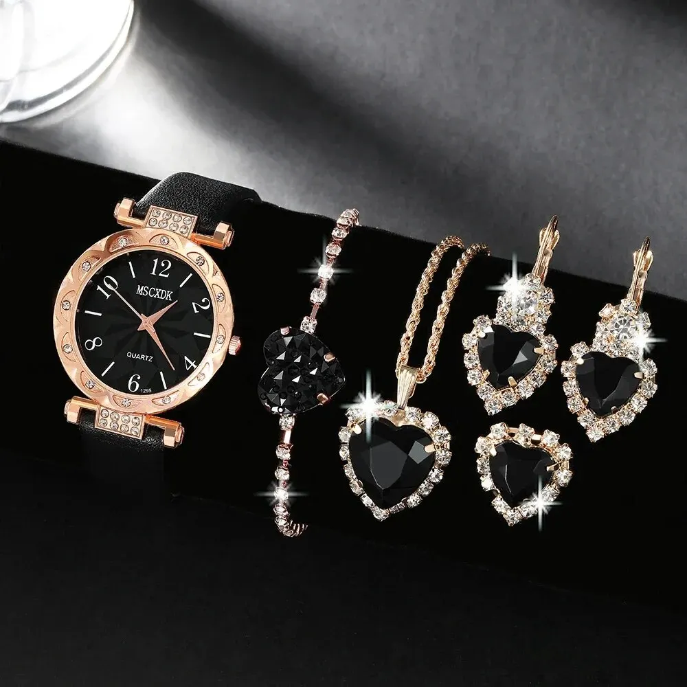 6pcs Women\'s Quartz Watch Black Leather Quartz Watch and Love Jewelry Set Necklace Ring Earrings Bracelet Set