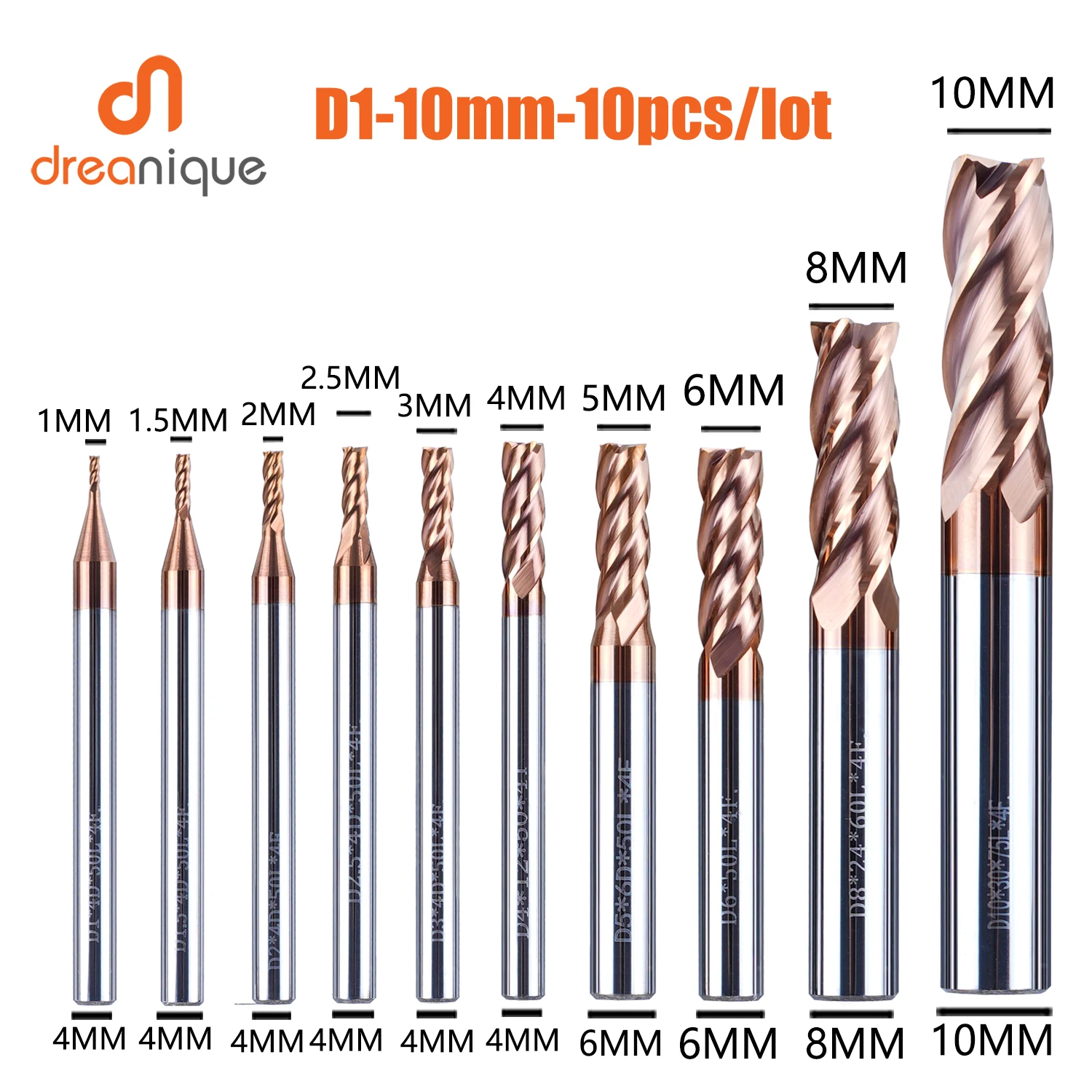 DREANIQUE 10 Teile/los Wolfram Stahl Schaftfräser Set D1-D10mm 4 Flöten Abgeflachte Vhm Legierung CNC Cutter Für HRC55 Stahl