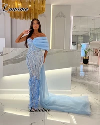 Sky Blue Mermaid Cocktail Dresses For Women 2023 Sweetheart Pearls Prom Dresses With Feathers Vestidos De Cóctel Party Gowns