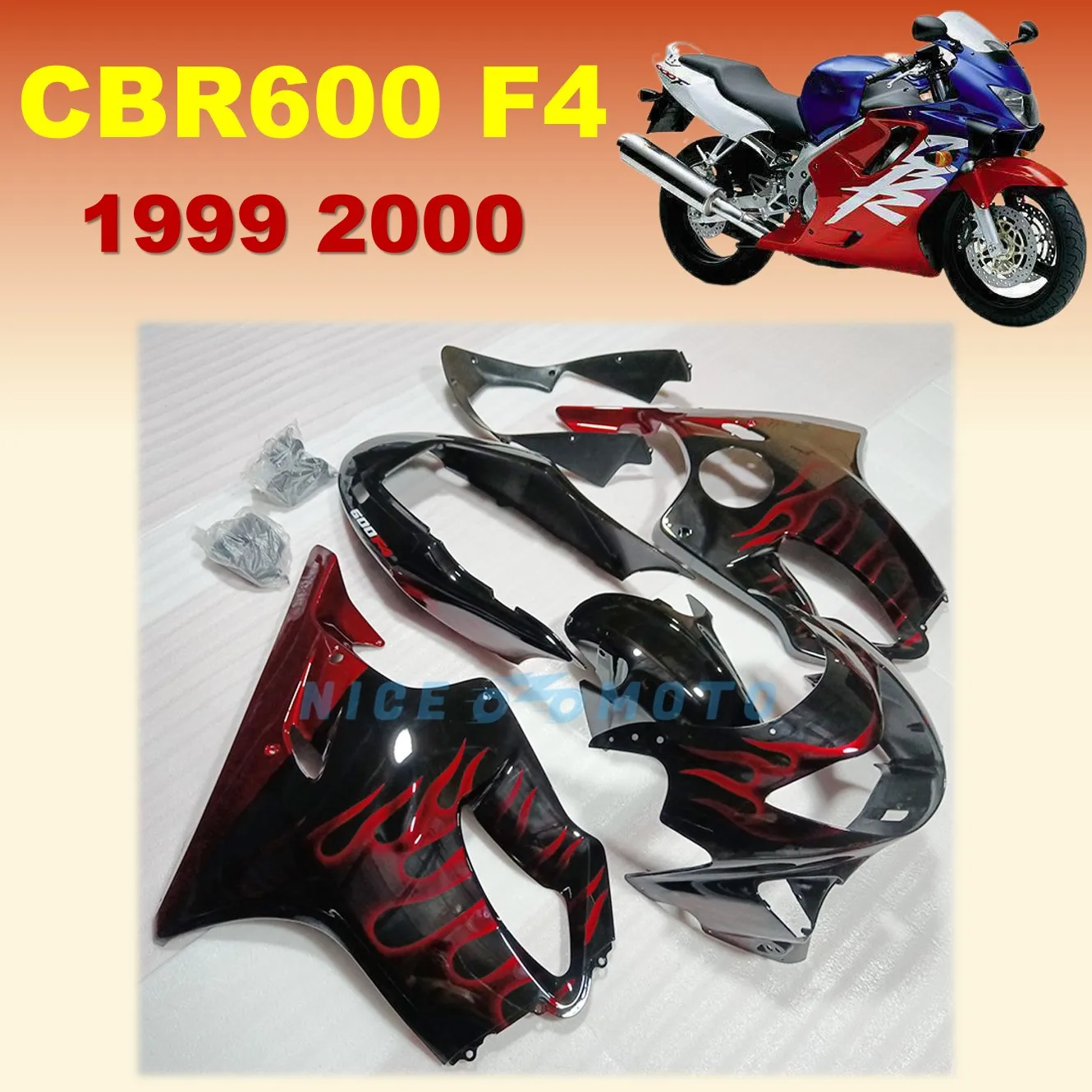

Red Black Flame Fairing kit For Honda CBR600RR 99 00 CBR600 1999 2000 F4 High Quality Injection Wrecked Bike Rebuild