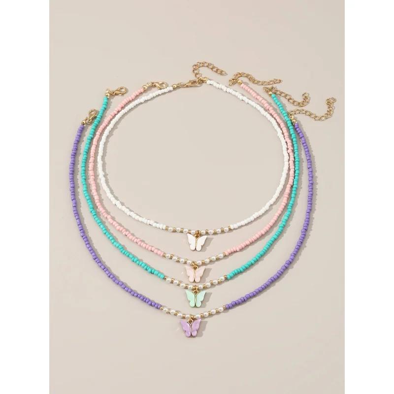 4pcs/set Girls' Butterfly & Beaded Necklace For Daily Decora