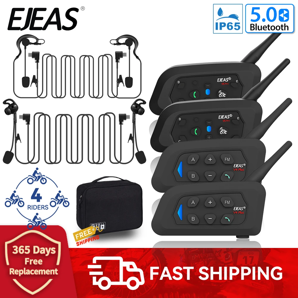 4/3PCS EJEAS V6C/V4C Football Referee Intercom Headset 4Users Talk at the Same Time Bluetooth Conference Interphone with Handbag