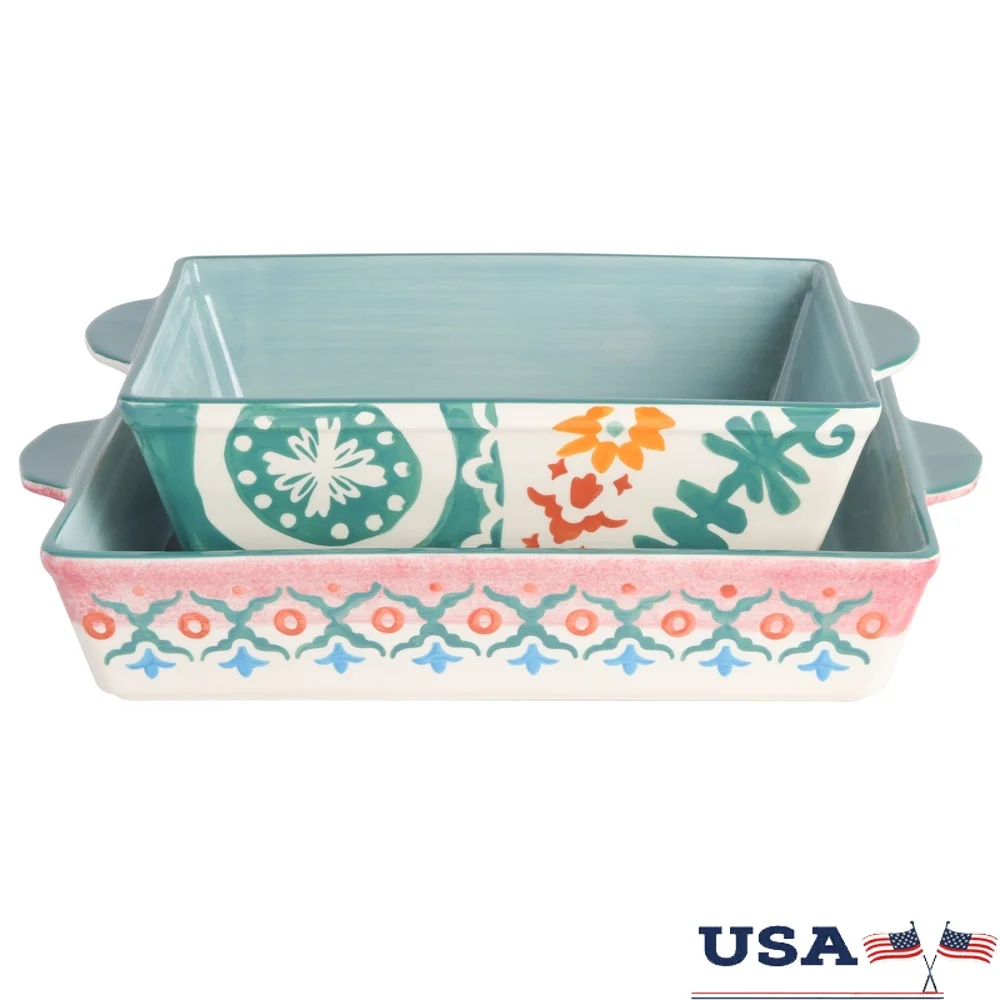 

Durable Stoneware Bakeware Set 2PC Microwave Dishwasher Safe Vibrant Hand-Painted Designs Oven to Table Serving Healthy Cooking