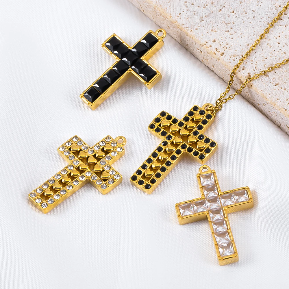 

2pcs Stainless Steel Cross With Diamonds Pendant White Black Crystal Crucifix Charms for DIY Jewelry Making Necklace Accessories