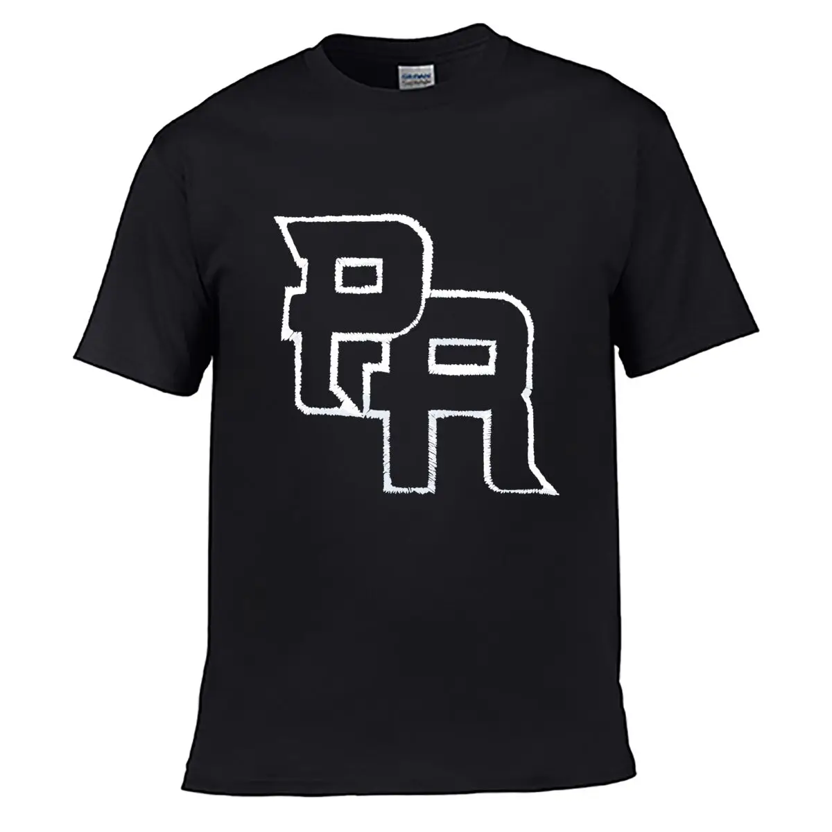 PR Monogram Outline Graphic Design Street Distressed Washed Loose Simple Tee