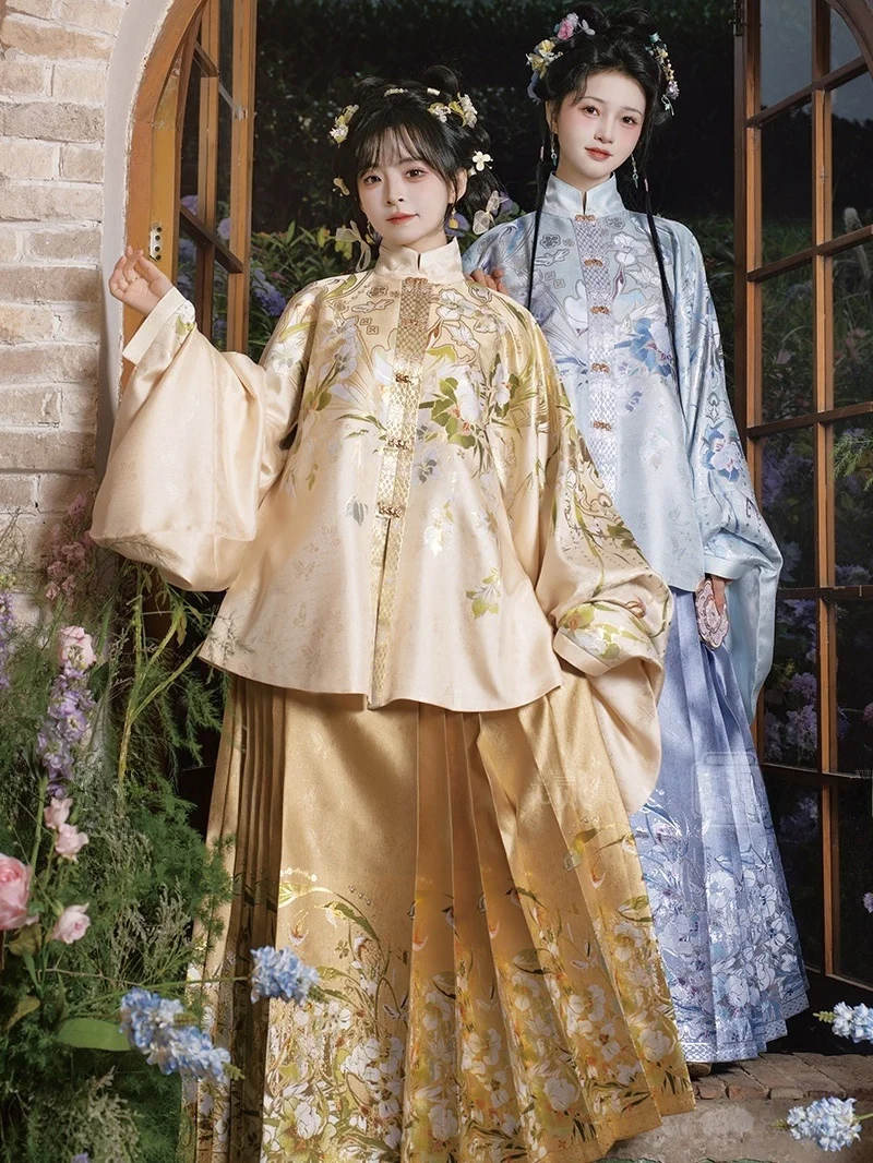

New Chinese Style Floral Ming Dynasty Embroidered Gold Face Skirt High Waist A-Line Hanfu Skirt for Women Traditional Culture...
