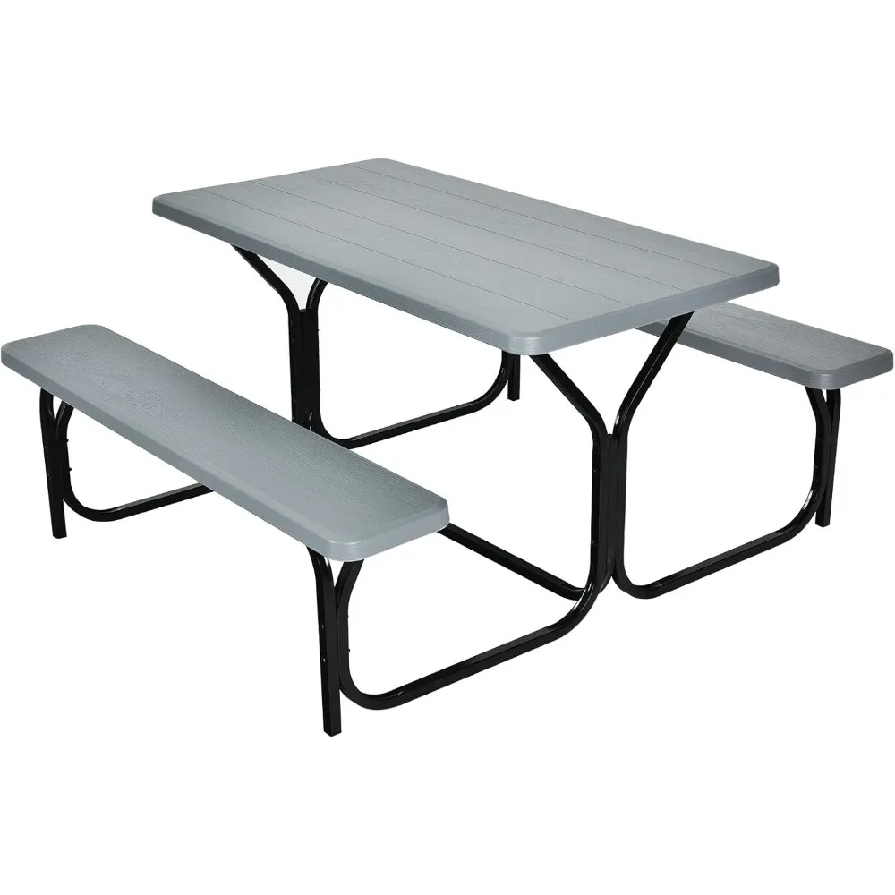 

Picnic Table Bench Set Outdoor Camping All Weather Metal Base Wood-Like Texture Backyard Poolside Dining Party