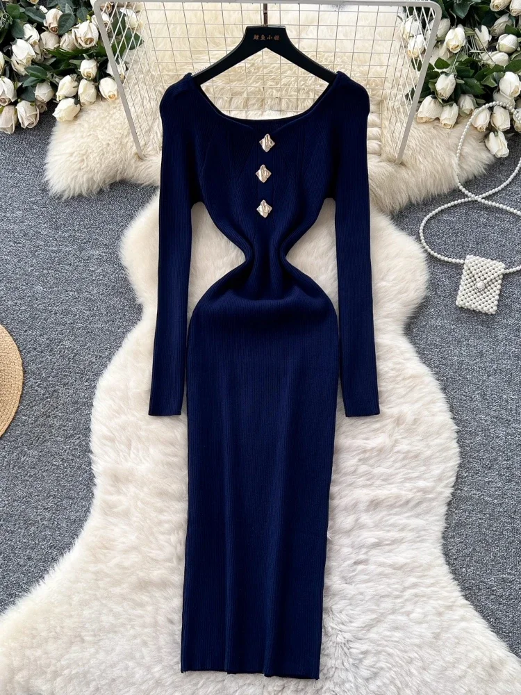 2025Vestidos De Mujer Metall Taste Temperament Kleider Frauen Gestrickte Vintage Robe Femme Hohe Taille Koreanische Quadrat Kragen Kleid