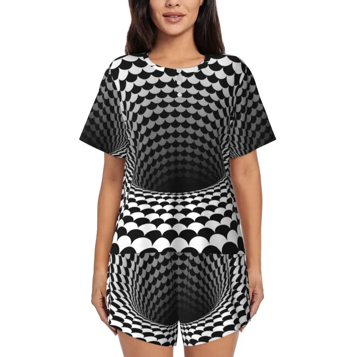 

Optical Illusion Round Neck Short Sleeves Nightdress for Sleeping Sleepshirts Women Loose Pajama Set Short Pants