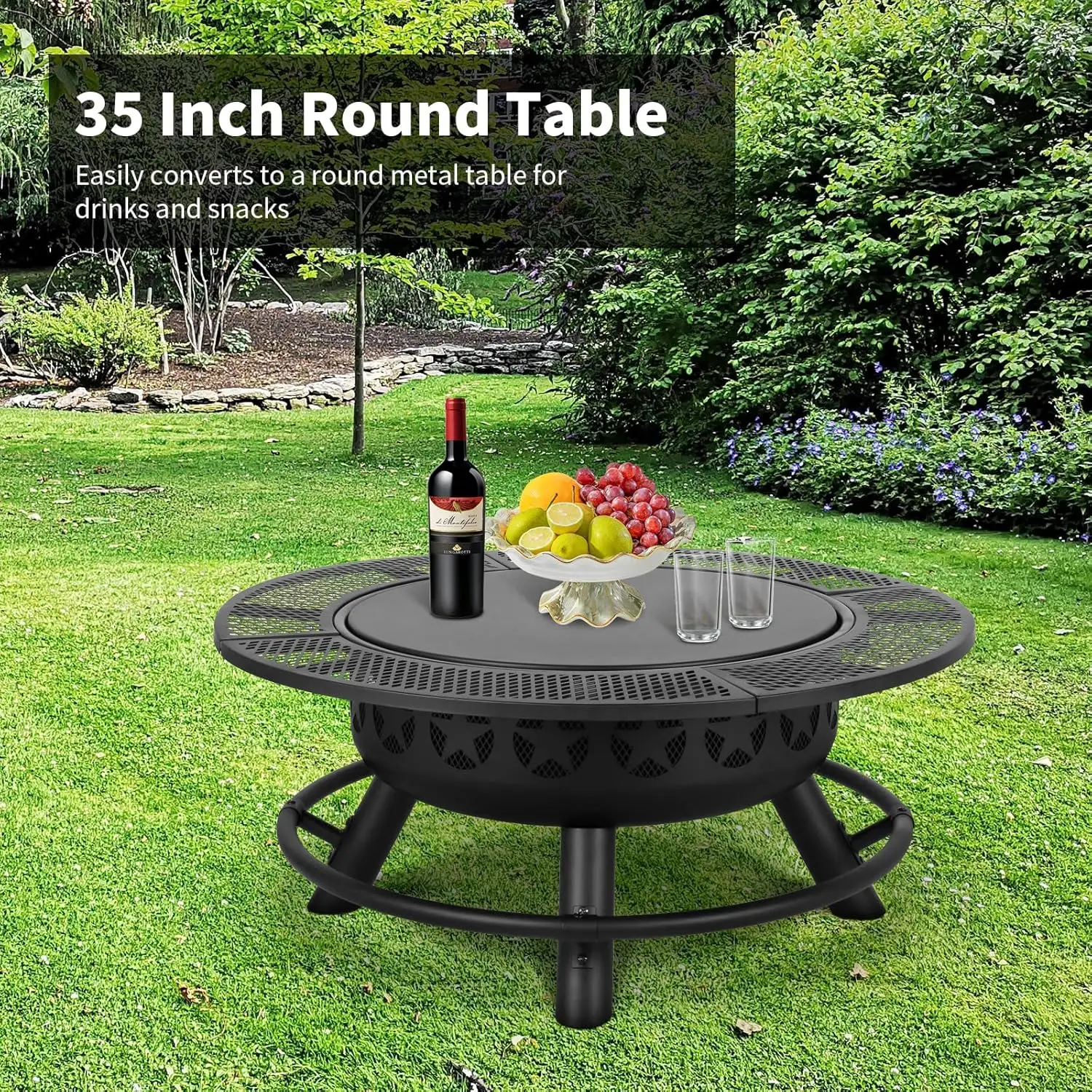 

35Inch Fire Pit with Cooking Grate & Charcoal Pan, Outdoor Wood Burning BBQ Grill Firepit Bowl with Cover Lid, Steel Round Table