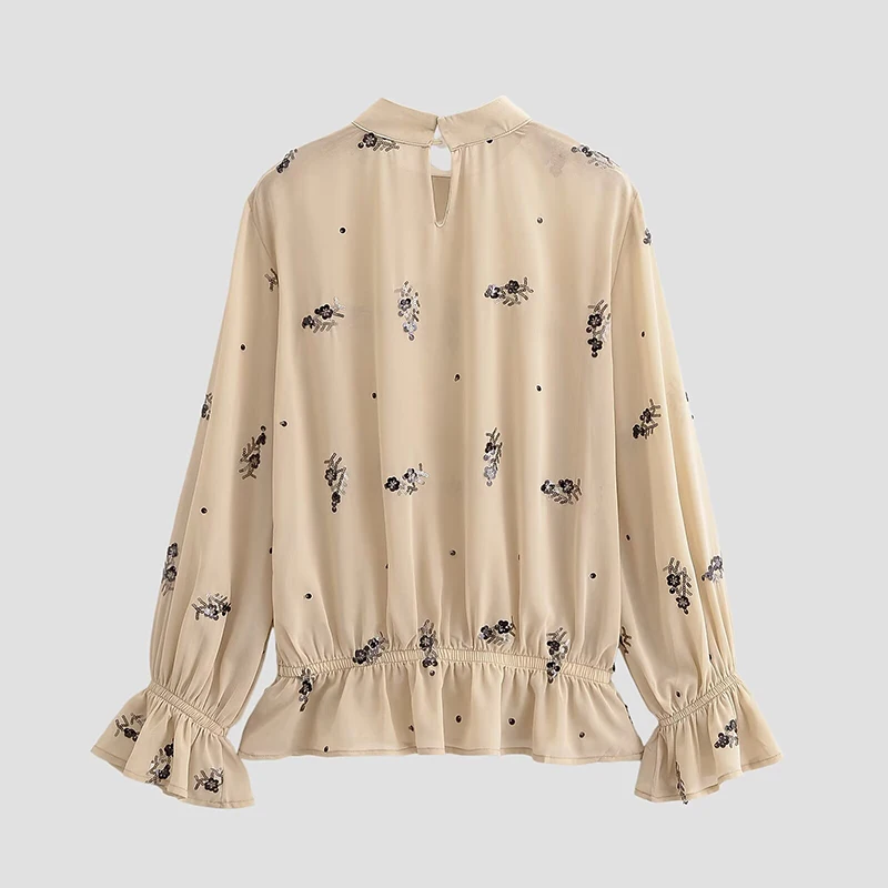 YENKYE Sexy Semi-Sheer Floral Sequin Blouse Women Stand Collar Long Sleeve 2026 Spring Tops  Streetwear