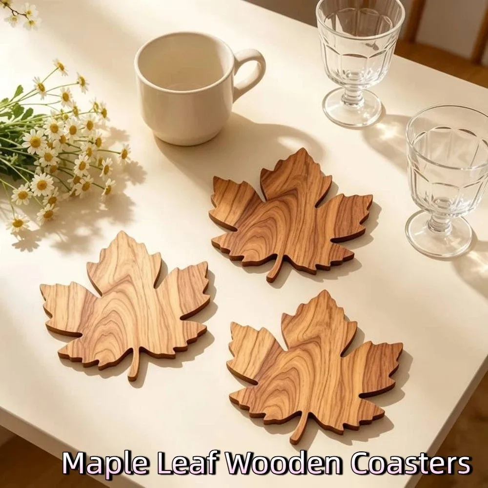Durable Non-Slip Maple Leaf Wooden Coasters Heat-Resistant Anti Scald Coffee Coasters Natural Tea Coasters Office