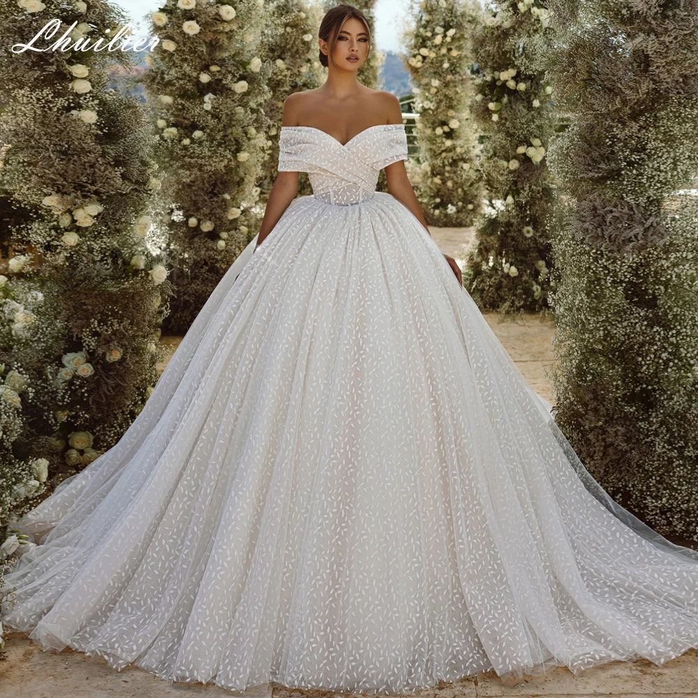 

Lhuilier Elegant Boat Neck Ball Gown Lace Wedding Dresses Off the Shoulder Pleated Bridal Gown with Chapel Train