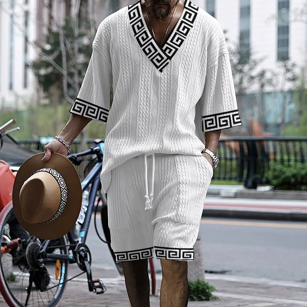 2024 new trendy American leisure daily versatile V -neck comfortable pound 3D printing unique print two -piece men's set