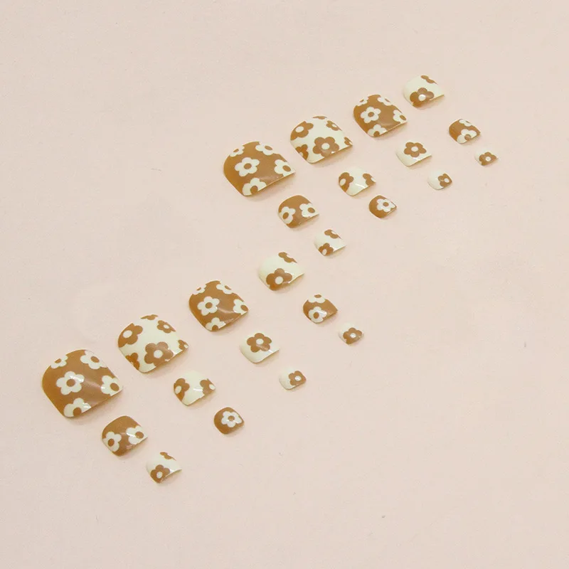 24pcs Latte Brown Press-On Toe Nails - Chestnut & Floral Accent False Nails Multi-Size Pedicure Set For Women Girl