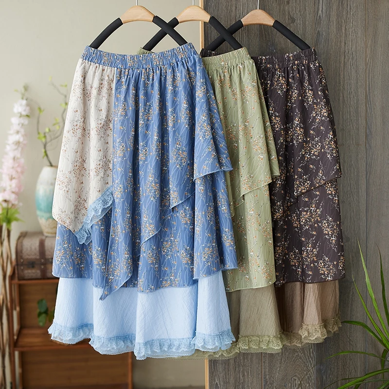 

High Waist Lace Splice Floral Skirt Women's Puffy Multi-layered Summer New Sle Cake Skirt Purple Mid-Length A-Line Skirt