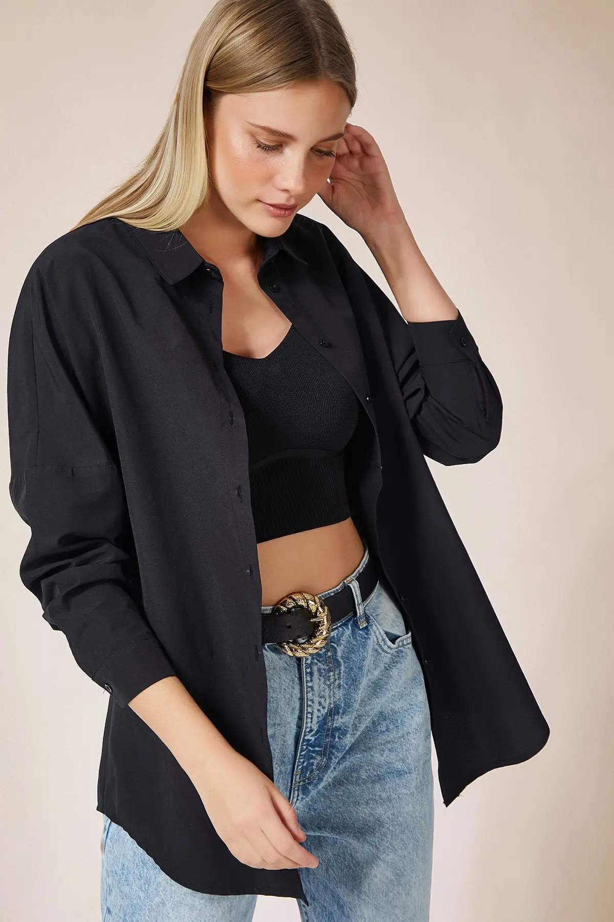 Women Black Oversize Long Basic Shirt